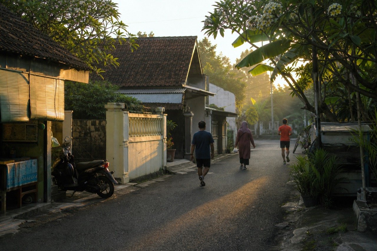 Jalan kampung di Yogyakarta jam enam pagi, beberapa orang berjalan dan berlari kecil