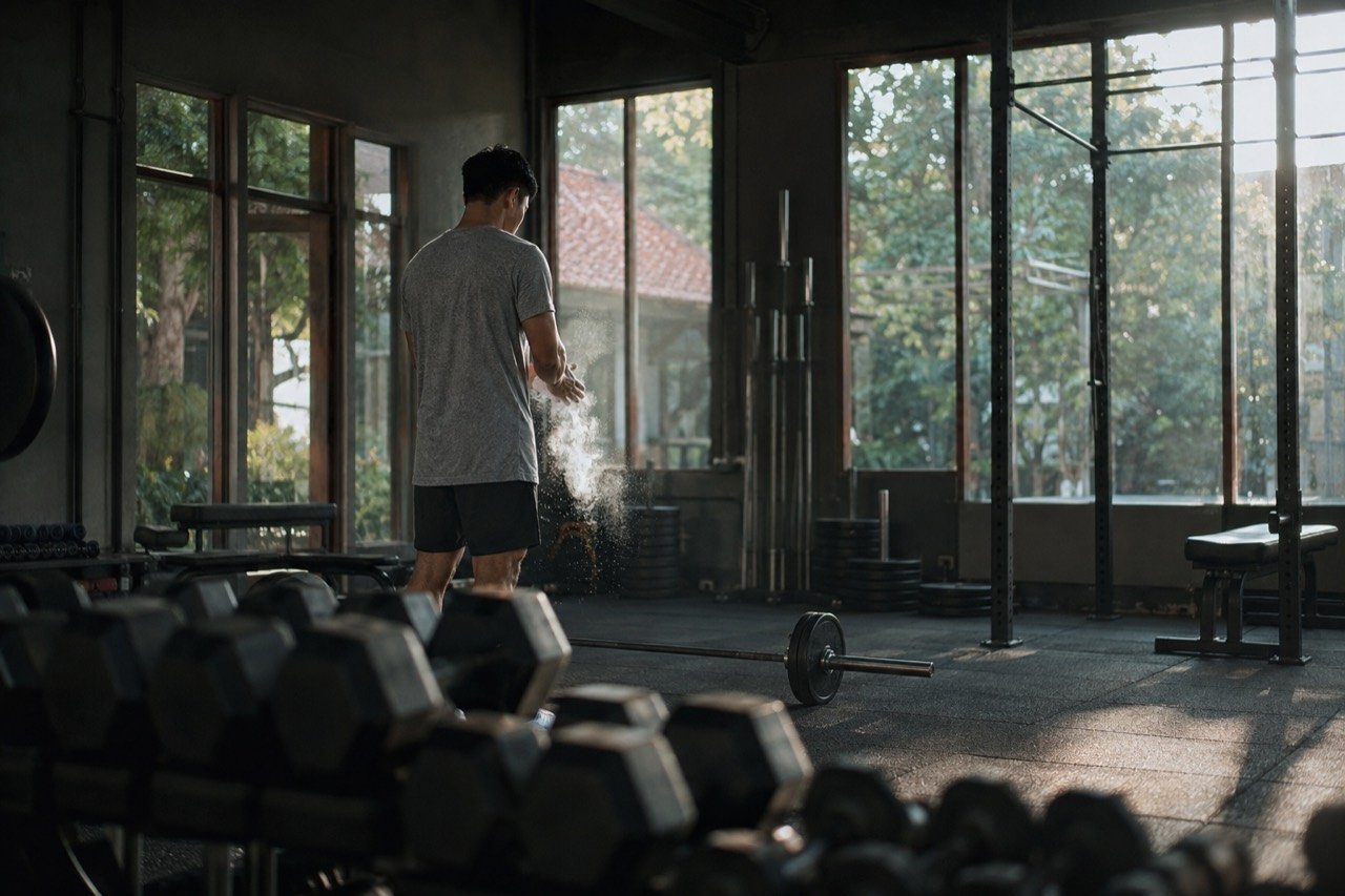 Ruang gym pada pagi hari dengan rak dumbel dan cahaya masuk dari jendela